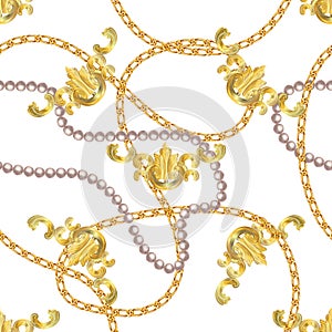 Baroque print with golden chains, golden key, pearls,  belts, baroque elments. Vector patch for print, fabric, scarf design