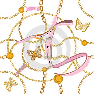 Baroque print with golden chains, pink leather straps and butterflies.