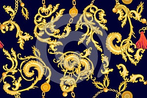 Baroque print with golden scrolls and chains.