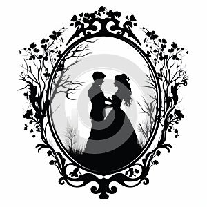 Baroque Revival Wedding Couple Silhouettes In Woodland Fantasy Illustration