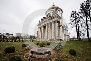 Baroque Roman Catholic church of St. Joseph mid 18th century. Latin on main facade - TO THE GLORY OF OUR LORD GOD, Pidhirtsi, Lviv