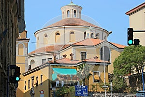 Baroque round church in summer sunshine in Rijeka city Croatia