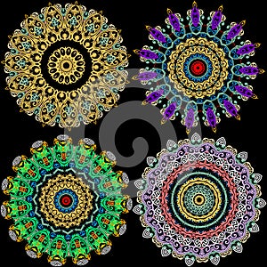 Baroque round ornaments. Vector vintage circle mandalas background. Floral greek patterns set. Greek key meander colorful