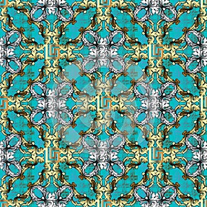 Baroque seamless 3d pattern. Blue vector textured grid background wallpaper with vintage gold silver flowers, scroll leaves.