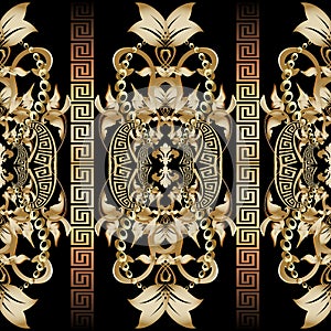 Baroque seamless 3d borders pattern. Vector damask background wallpaper with vintage gold flowers, scroll leaves. Meander greek