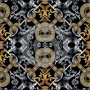 Baroque seamless pattern. Black vector damask background wallpaper with vintage gold silver flowers, scroll leaves, meanders and