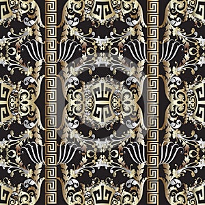 Baroque seamless pattern. Black vector damask background wallpaper with vintage gold silver flowers, scroll leaves, meanders,