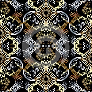 Baroque seamless pattern. Black vector damask background wallpaper with vintage gold silver flowers, scroll leaves, rhombus, mean