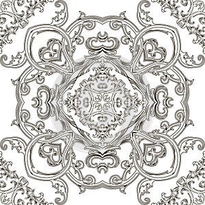 Baroque seamless pattern. Black and white floral Damask background wallpaper fabric with vintage lines flowers, scroll leaves.