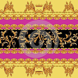 Baroque seamless pattern with chains and horn of plenty. Vector patch for print, fabric, scarf.