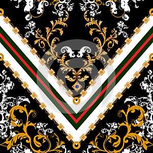 Baroque seamless pattern with chains. Vector patch for print, fabric, scarf.