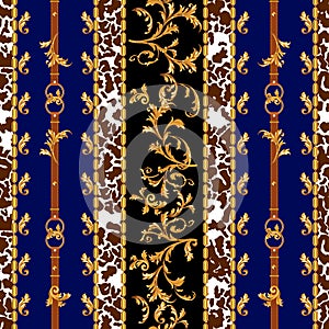Baroque seamless pattern with golden belts, leaves and chains. Striped patch for scarfs, print, fabric