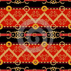 Baroque seamless pattern with golden chains and belts. Striped patch for scarfs, print, fabric