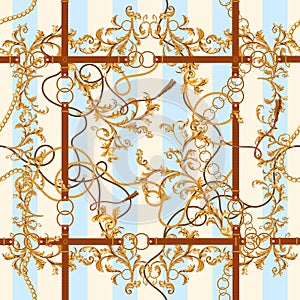 Baroque seamless pattern with golden chains, leaves and belts. Striped patch for scarfs, print, fabric