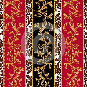 Baroque seamless pattern with golden leaves and chains. Striped patch for scarfs, print, fabric