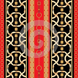 Baroque seamless pattern with golden ribbons and chains. Striped patch for scarfs, print, fabric