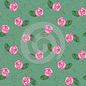 Baroque seamless pattern with golden scrolls and rose flowers