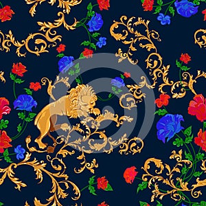 Baroque seamless pattern with lions, chains and flowers. Vector floral patch for print.