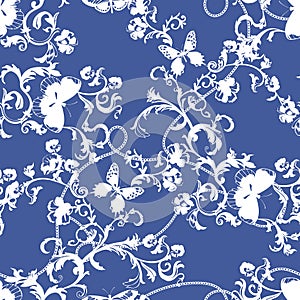 Baroque seamless pattern with silhouette of chains and flowers. Vector floral patch for print.