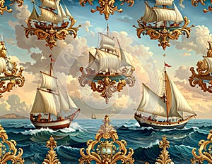 Baroque Ships Sailing the Ocean