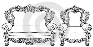 Baroque sofa and armchair with luxurious ornaments. Vector French Luxury rich intricate structure. Victorian Royal Style