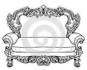 Baroque sofa with luxurious ornaments. Vector French Luxury rich intricate structure. Victorian Royal Style decor