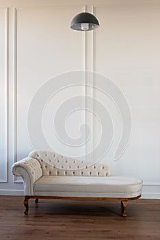 Baroque sofa. Vintage furniture. Pastel beige sofa with carriage screed. Restoration of vintage furniture. Furniture manufacturing