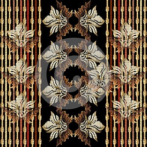 Baroque striped floral embroidery seamless pattern.