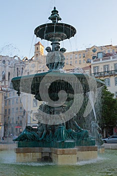 Baroque Style Fountain in Rossio Square in Lisbon, Portugal