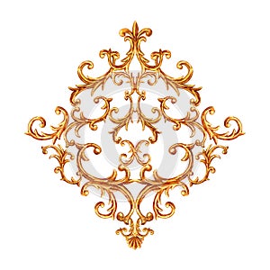 Baroque style gold element. Watercolor hand drawn vintage engraving floral scroll filigree rhombus design