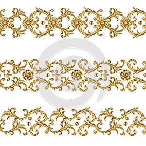 Baroque style golden ornamental segments seamless pattern. Hand drawn gold border frame