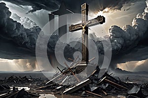 Baroque-Style Painting of a Christian Cross Standing Unscathed Atop the Remnants of a Shattered Landscape