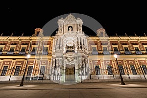 Baroque style Palace of San Telmo in Seville at night, Spain, Andalusia region