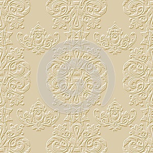 Baroque textured emboss 3d seamless pattern. Elegant ornamental surface background. Repeat relief vector backdrop. Floral