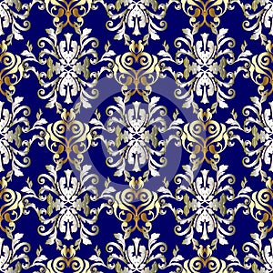 Baroque vector seamless pattern. Blue gold silver floral background. Baroque wallpaper. Surface damask flowers, branches, scroll