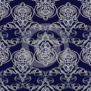 Baroque vector seamless pattern. Damask dark blue floral background wallpaper illustration with vintage white line art tracery fl