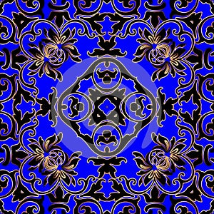 Baroque vector seamless pattern. Ornate blue floral background. Beautiful repeat Damask backdrop. Baroque Victorian