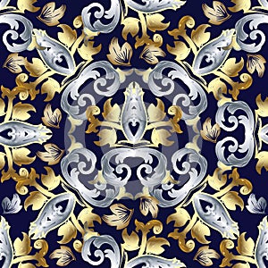 Baroque vector seamless pattern. Vintage floral background wallpaper with gold silver damask flowers, scroll leaves, antique