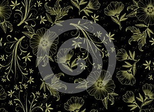 Hand draw floral seampless with ivy branches black background photo