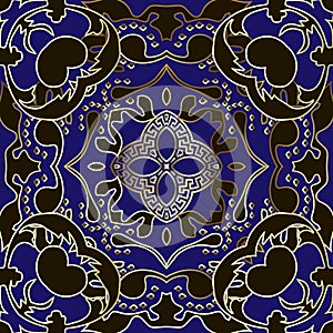 Baroque vintage vector seamless pattern. Greek floral ornamental beautiful dark blue background. Modern symmetrical