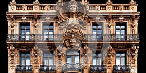 Baroque windows with massive frames and carved cornices, decorated with mosaics and glass staine