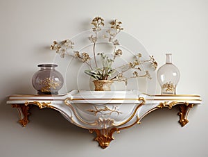 Baroque Wood Floating Shelf with Gilded Frames and a FabergÃ© Vase - AI Generated