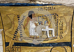 Barque with deceased under canopy being navigated by his son in TT359, Tomb of Inerkhau in Dar el-Medina.
