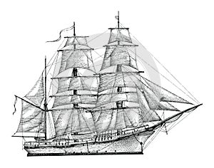 Barque hand drawing engraving style,Vintage barque isolate