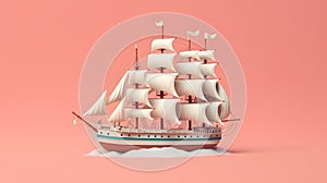 Barque ship model 3d. on pink background.