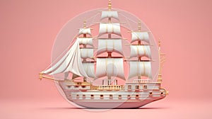 Barque ship model 3d. on pink background.