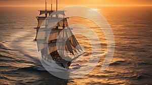 Barque ship in the ocean at sunset. Generative Ai