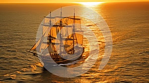 Barque ship in the ocean at sunset. Generative Ai