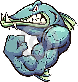 Strong angry cartoon barracuda fish mascot photo