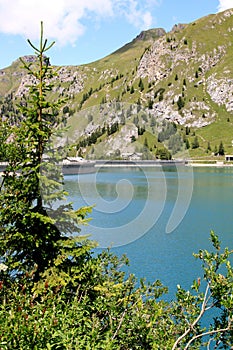 Barrage and Fedaia Lake in the Italian Dolomites